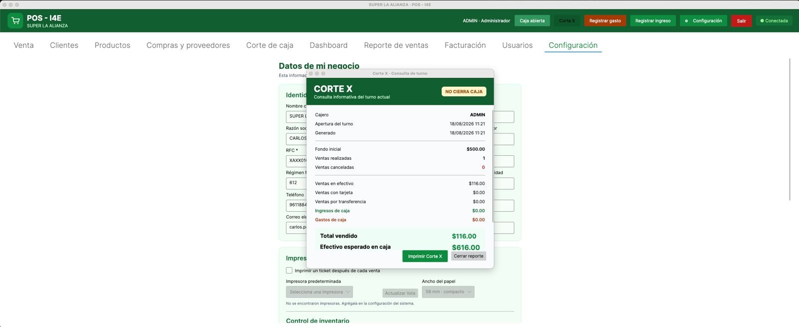 Pantalla real de corte de caja de POS I4E