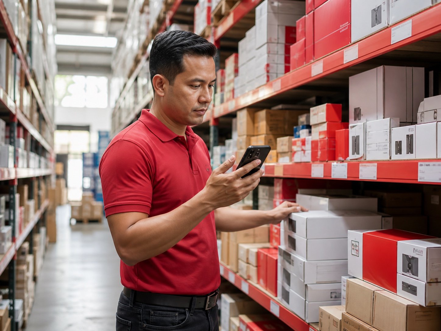 Empleado consultando inventario móvil en un almacén