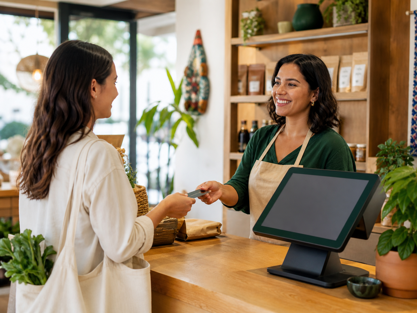 Comerciante atendiendo a una clienta con un punto de venta POS I4E