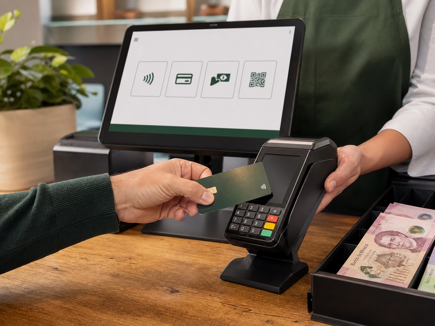 Cliente pagando con tarjeta en un punto de venta POS I4E