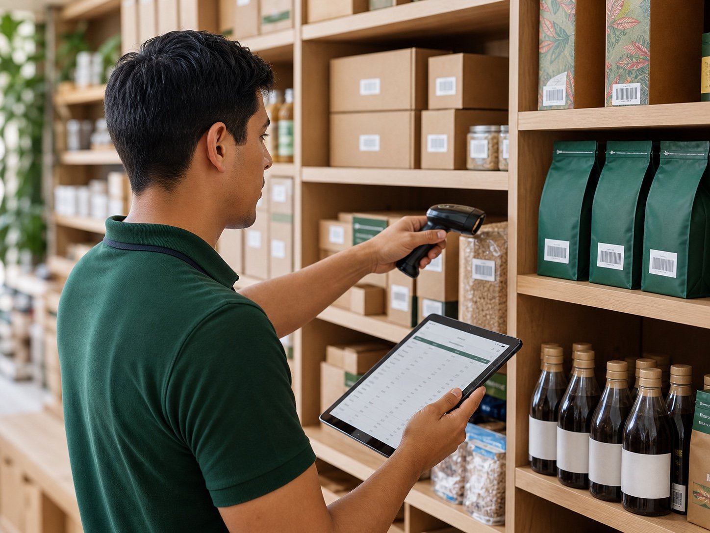 Empleado controlando inventario con lector y tableta