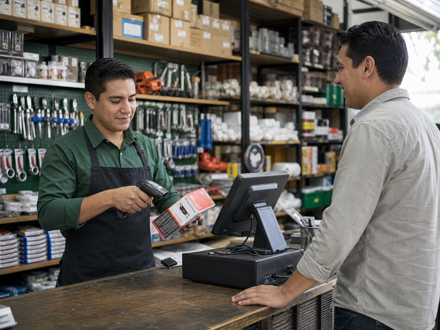 Ferretería usando un lector de código de barras y punto de venta
